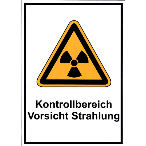 Warnschild Kontrollbereich Vorsicht Strahlung mit gelbem Dreieck und Strahlungssymbol