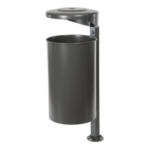 Rund-Abfallbehälter mit Ascher und Pfosten, Inhalt 0,5 + 55 Liter, grauer Metallmülleimer mit Deckel