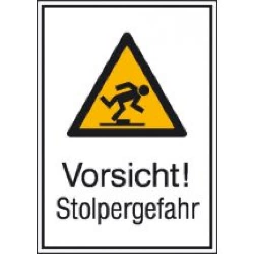 Warnschild Vorsicht Stolpergefahr mit gelbem Dreieck und Symbol einer stolpernden Person