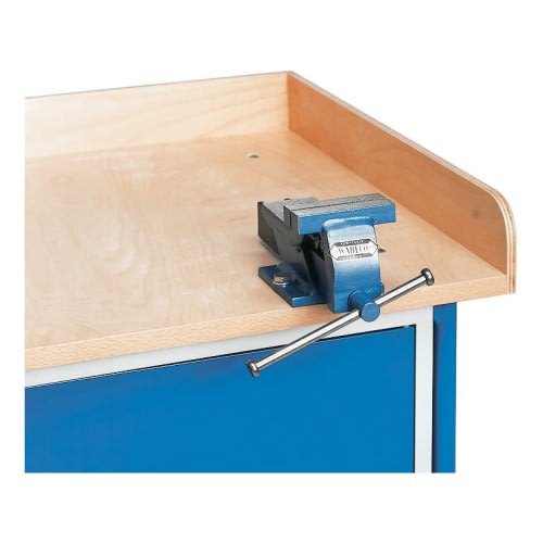 FETRA® Schraubstock 2144 montiert auf Werkstattwagen mit Holzarbeitsfläche und blauer Front