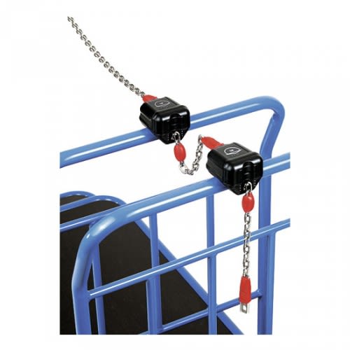 FETRA Wandanschlusskette 2913 für Pfandschloss an blauem Metallgestell befestigt