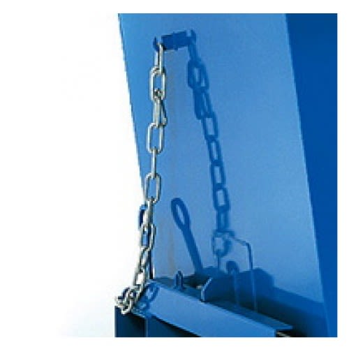 FETRA Sicherungskette 4707 aus Metall für Muldenkipper, befestigt an blauer Mulde