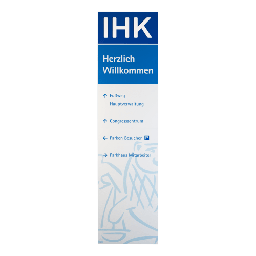 MADRID Außenaufsteller Magnum XL mit IHK Logo und Wegweiser zu Fußweg, Hauptverwaltung, Congresszentrum, Parken Besucher und Parkhaus Mitarbeiter