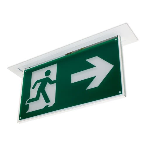Rettungszeichenleuchte BREMEN Maxi Deckeneinbau mit grünem Notausgangsschild und Pfeil nach rechts