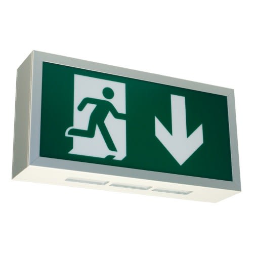 Rettungswegbeleuchtung BERLIN Maxi mit Universalaufbau und 7L-Schutzlicht, Notausgangsschild mit Pfeil nach unten