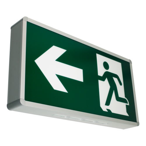 Rettungswegbeleuchtung BERLIN Maxi XL+ mit Universalaufbau und 7L-Schutzlicht, Notausgangsschild mit linkem Pfeil