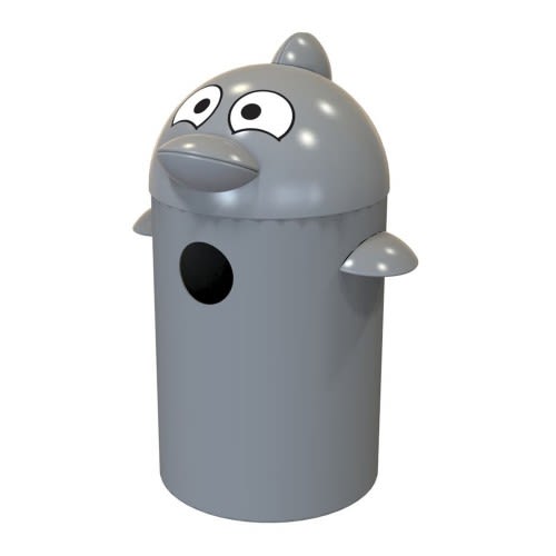 Wertstoffbehälter BUDDY DELFIN in grauer Farbe mit 55 Liter Fassungsvermögen, Müllbehälter in Delfin-Form mit Augen und Flossen
