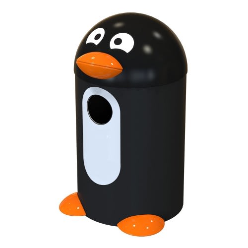 Wertstoffbehälter BUDDY PINGUIN mit 55 Liter Fassungsvermögen, schwarzer Müllbehälter in Pinguin-Form mit orangefarbenem Schnabel und Füßen