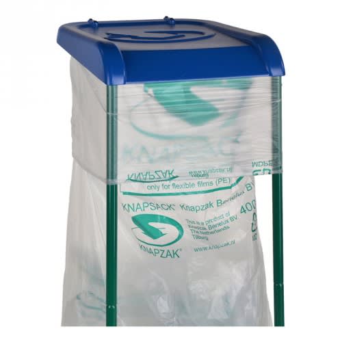 Blauer Deckel für Großvolumen Müllbeutelhalter mit transparentem Müllbeutel