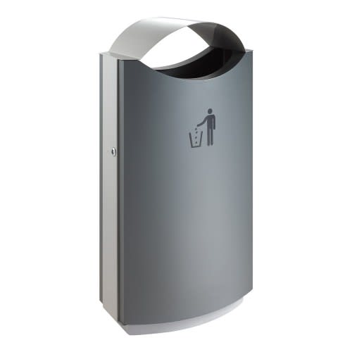 Außenabfalleimer mit halbrundem Dach aus Metall, 68 Liter Fassungsvermögen, graue Farbe, mit Symbol für Müllentsorgung