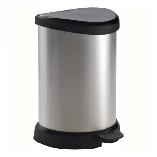 Halbrunder Tritt-Mülleimer DECOBIN mit Kunststoffeinsatz in Edelstahloptik und schwarzem Deckel, 5 bis 20 Liter Fassungsvermögen
