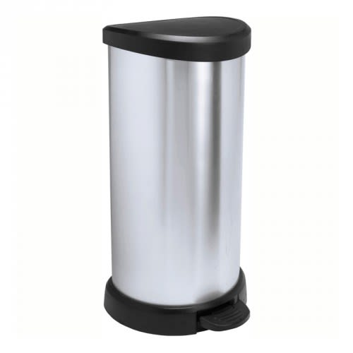 Halbrunder Tritt-Mülleimer DECOBIN mit Metalleinsatz und 40 Liter Fassungsvermögen, silberner Mülleimer mit schwarzem Deckel und Fußpedal