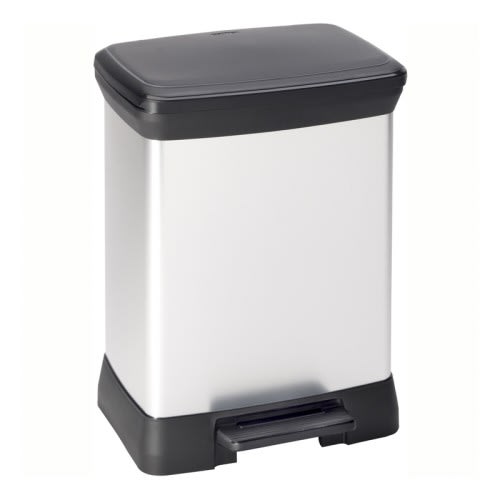 Rechteckiger Tritt-Mülleimer DECOBIN mit Metalleinsatz, 30 bis 50 Liter Fassungsvermögen, silberner Korpus mit schwarzem Deckel und Fußpedal