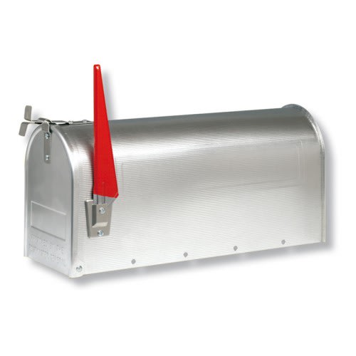 Silberne U.S. Mailbox mit rotem Signalflügel aus Metall