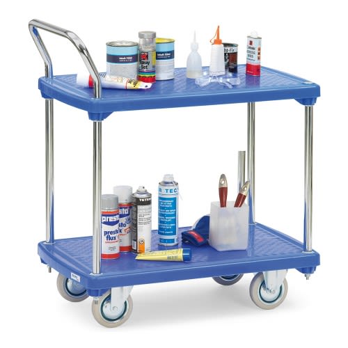 FETRA Kunststoffplattenwagen 3132 mit 2 Böden und 200 kg Tragkraft, blauer Transportwagen mit Metallgriffen und Rollen, beladen mit verschiedenen Werkzeugen und Chemikalien