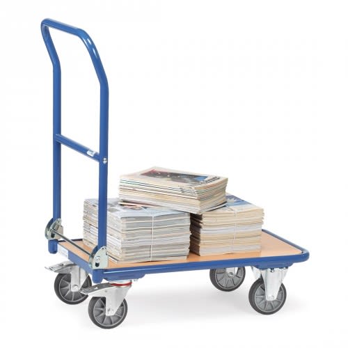 FETRA Klappwagen 1132 mit Holzboden und blauer Stahlrahmen, Tragkraft 250 kg, beladen mit gestapelten Zeitungen