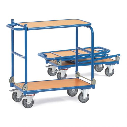 FETRA Klappwagen 1140 mit 2 Holzböden und blauer Metallrahmen, Tragkraft 250 kg, zusammengeklappt und ausgeklappt