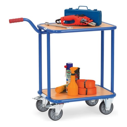 FETRA Griffroller 1164 KF 33 mit 2 Holzböden und Tragkraft 250 kg, blauer Rahmen, rote Griffe, mit Werkzeug und Zubehör beladen