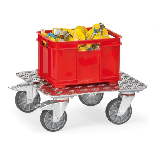 FETRA Alu-Kistenroller 1187 KF 10 mit Alu-Quintettblechboden und roter Kunststoffkiste mit gelben Gegenständen, Tragkraft 250 kg