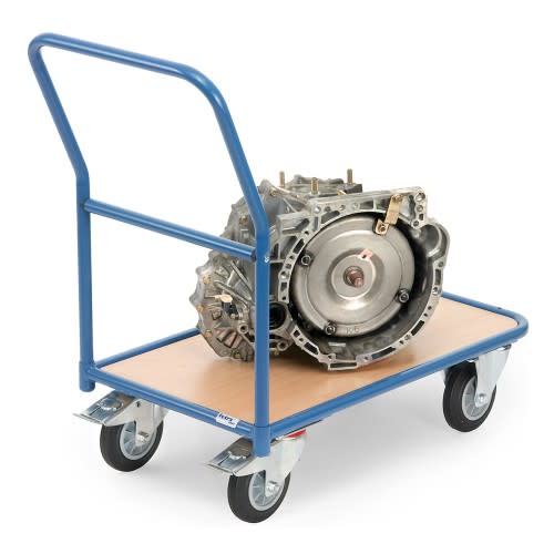 FETRA Magazinwagen 2100 mit blauer Stahlrahmen und Holzplatte, Tragkraft 400 kg, mit Motorbauteil beladen