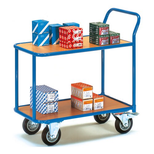 FETRA Tischwagen 2600 mit 2 Holzböden und blauer Metallrahmen, Tragkraft 400 kg, beladen mit verschiedenen Kartons