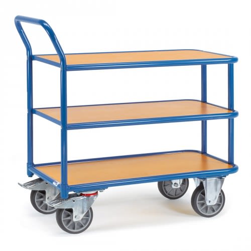 FETRA Tischwagen mit 3 Holzböden und blauer Metallrahmen, Tragkraft 400 kg