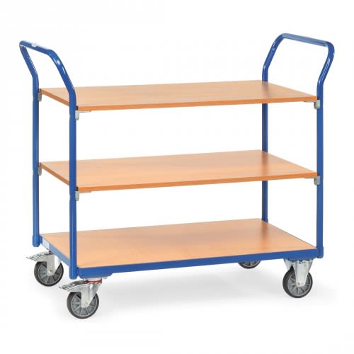 FETRA Tischwagen 1800 mit 3 Holzböden und blauer Metallrahmen, Tragkraft 200 kg
