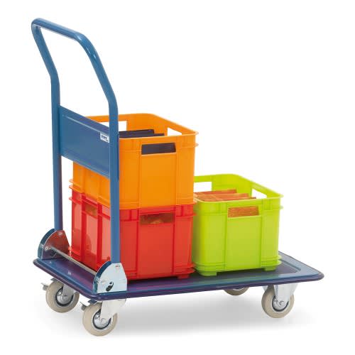 FETRA Ganzstahlwagen 3100 mit blauer Stahlplattform und Griff, beladen mit bunten Kunststoffkisten, Tragkraft 150 bis 250 kg