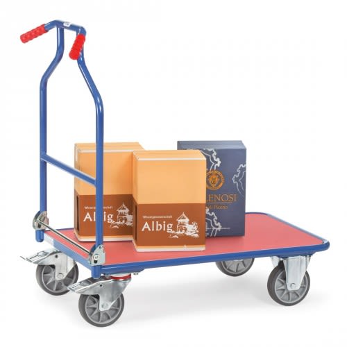 FETRA Optiliner-Klappwagen 3301 mit blauer Stahlrahmen und roter Ladefläche, Tragkraft 400 kg, beladen mit Kartons