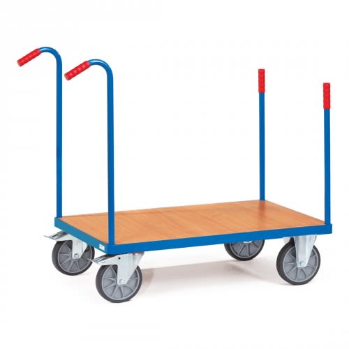 FETRA Rungenwagen Modell 2580 mit blauer Metallrahmen und Holzplattform, Tragkraft 500 bis 600 kg, vier große graue Räder, zwei rote Griffe