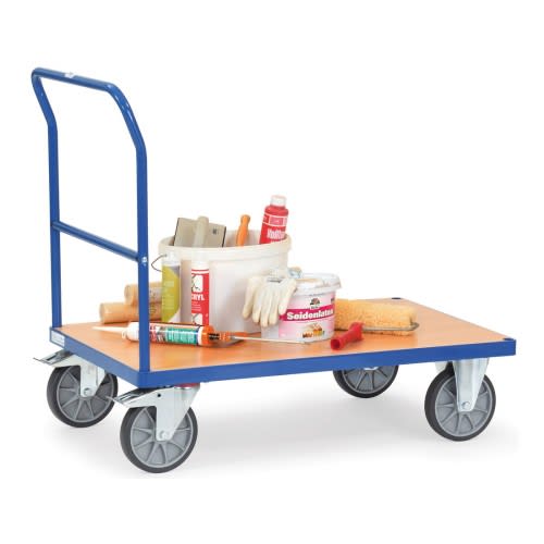 FETRA Schiebebügelwagen 2500 mit blauer Griffstange und Holzplattform, Tragkraft 500 bis 600 kg, beladen mit Malerbedarf wie Farbeimer, Handschuhe und Pinsel