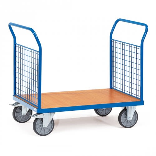 FETRA Doppel-Stirnwandwagen 1520 mit blauer Stahlrahmen und Drahtgitterwänden, Holzplattform, vier Lenkrollen