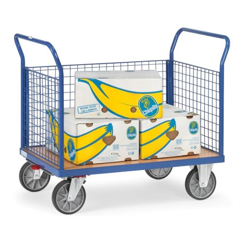 FETRA Dreiwandwagen 1530 mit Drahtgitterwänden und Tragkraft 500 bis 600 kg, beladen mit Kartons