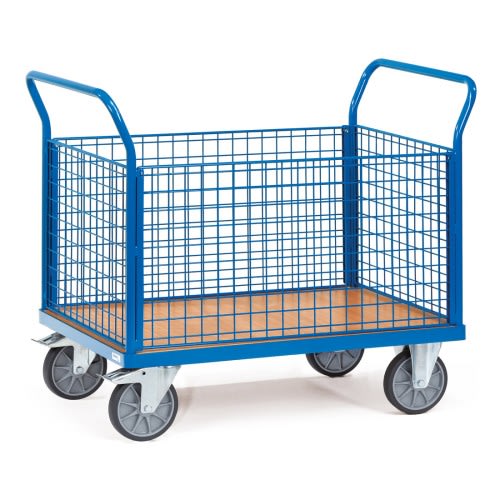 FETRA Vierwandwagen 1550 mit blauen Drahtgitterwänden und Holzboden, Tragkraft 500 bis 600 kg