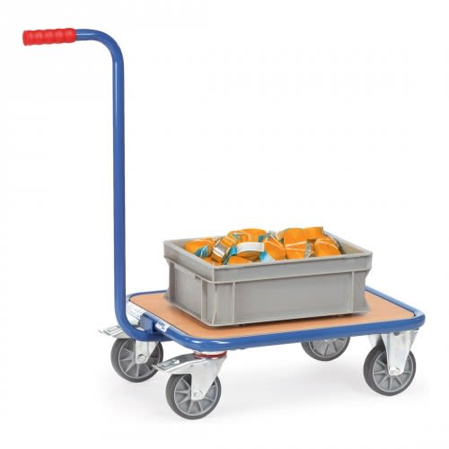 FETRA Griffroller 1161 KF 2 mit Holzboden und rotem Griff, Tragkraft 250 kg, mit grauer Kiste und orangefarbenen Gegenständen