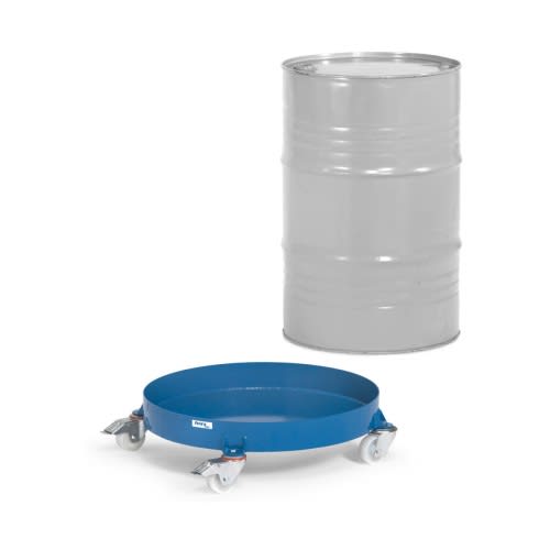 FETRA Fassroller 1361 mit blauer Stahlblechwanne und vier Lenkrollen, Tragkraft 250 kg, mit grauem Metallfass