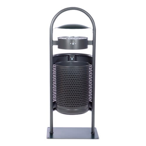 Stand-Abfallbehälter mit Ascher, Rundrohrbügel und Abdeckhaube, Inhalt 7,5 + 50 Liter, schwarzer Metallmülleimer mit Lochmuster