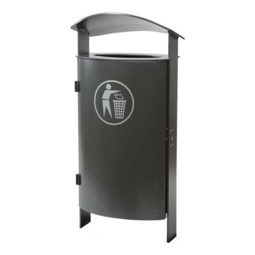 Stand-Abfallbehälter mit gewölbter Abdeckhaube und 70 Liter Fassungsvermögen, schwarzer Müllbehälter mit Symbol für Abfallentsorgung