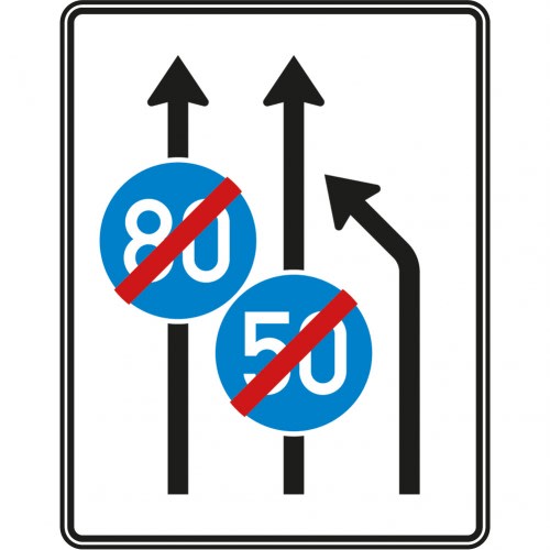 Einengungstafel ohne Gegenverkehr mit Einzug rechts und zwei Fahrstreifen, Verkehrszeichen VZ 535-11 mit aufgehobenen Geschwindigkeitsbegrenzungen 80 und 50 km/h