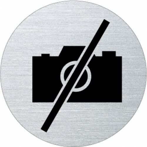 Rundes Piktogramm Fotografieren verboten ohne Rand mit durchgestrichener Kamera auf Metallhintergrund