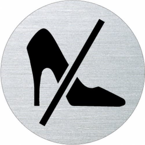 Rundes Piktogramm mit durchgestrichener Abbildung von Absatzschuhen, Verbot von Absatzschuhen