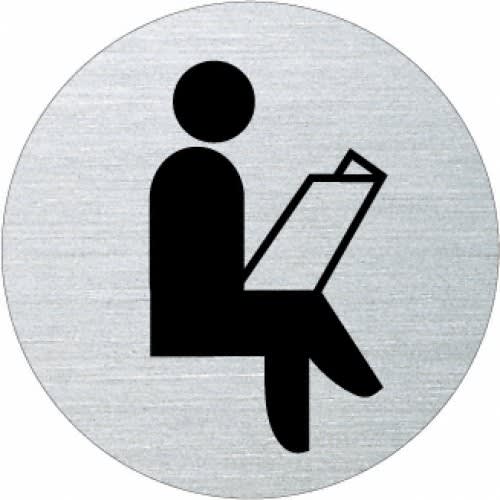 Rundes Piktogramm mit sitzender Person, die eine Zeitung liest, Symbol für Warteraum