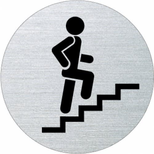 Piktogramm einer Person, die eine Treppe hinaufsteigt, schwarzes Symbol auf silbernem Hintergrund