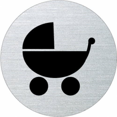 Piktogramm eines Kinderwagens in schwarzer Silhouette auf rundem Metallhintergrund
