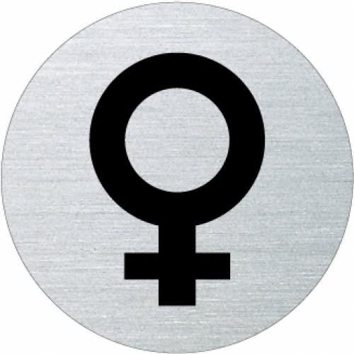 Piktogramm weiblich Symbol auf rundem Metallplättchen