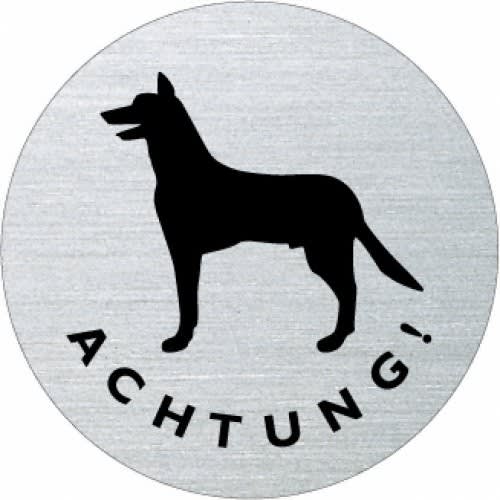 Rundes Metallschild mit schwarzem Hundepiktogramm und Schriftzug Achtung