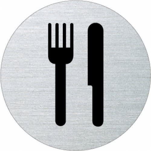 Rundes Piktogramm mit schwarzem Messer und Gabel auf silbernem Hintergrund, Symbol für Essen oder Speisesaal