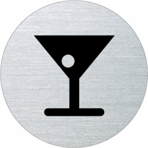 Piktogramm Bar Symbol mit Cocktailglas und Olive auf rundem Metallhintergrund
