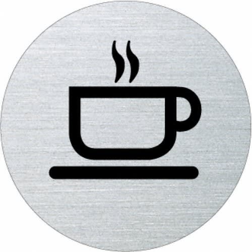 Piktogramm eines dampfenden Kaffeebechers auf silbernem Hintergrund