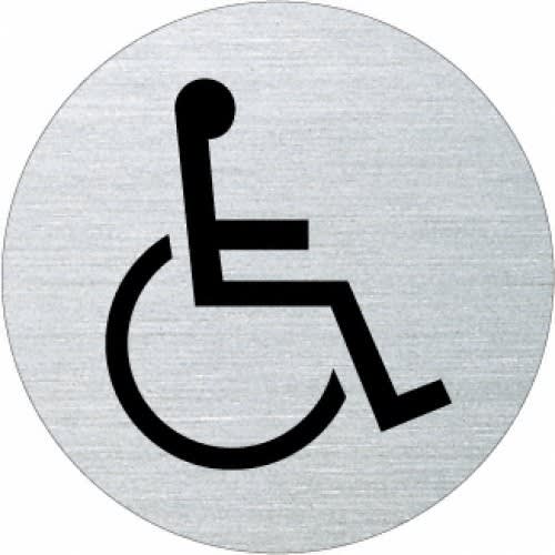 Rundes Piktogramm mit Rollstuhlfahrer Symbol auf metallischem Hintergrund